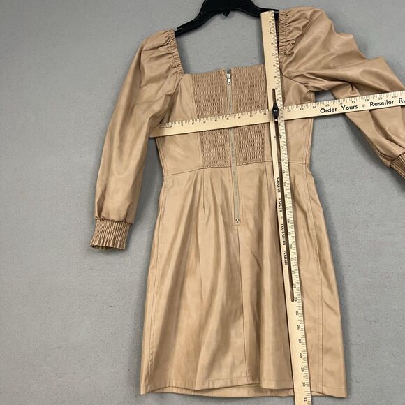 7 For All Mankind Dress Womens XS Tan Faux Leather Square Neck Puff Sleeve Mini - Picture 11 of 14